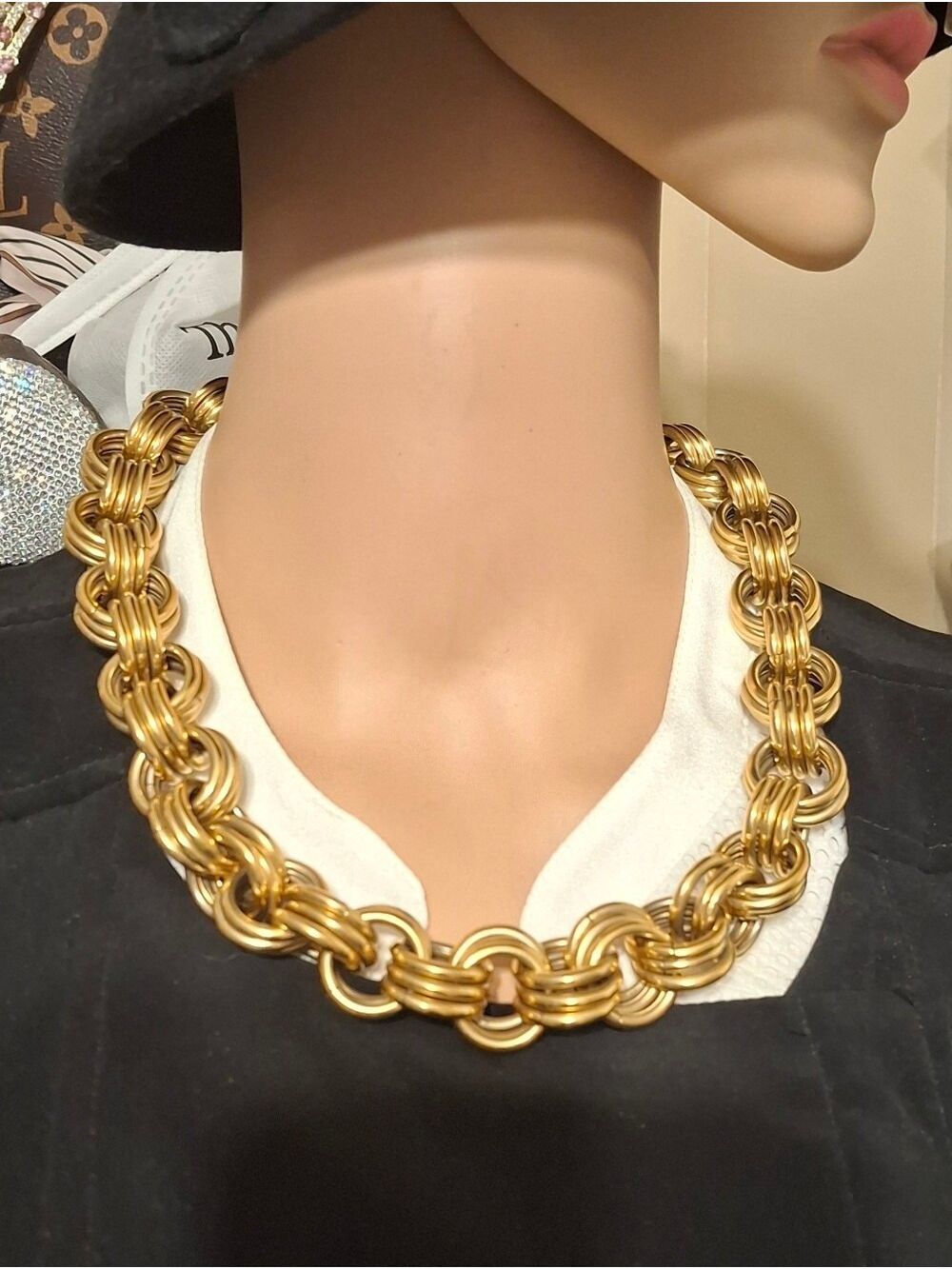 Monet Vintage Gold Triple Link Chain Necklace -20" 20mm Wide Women's Jewelry